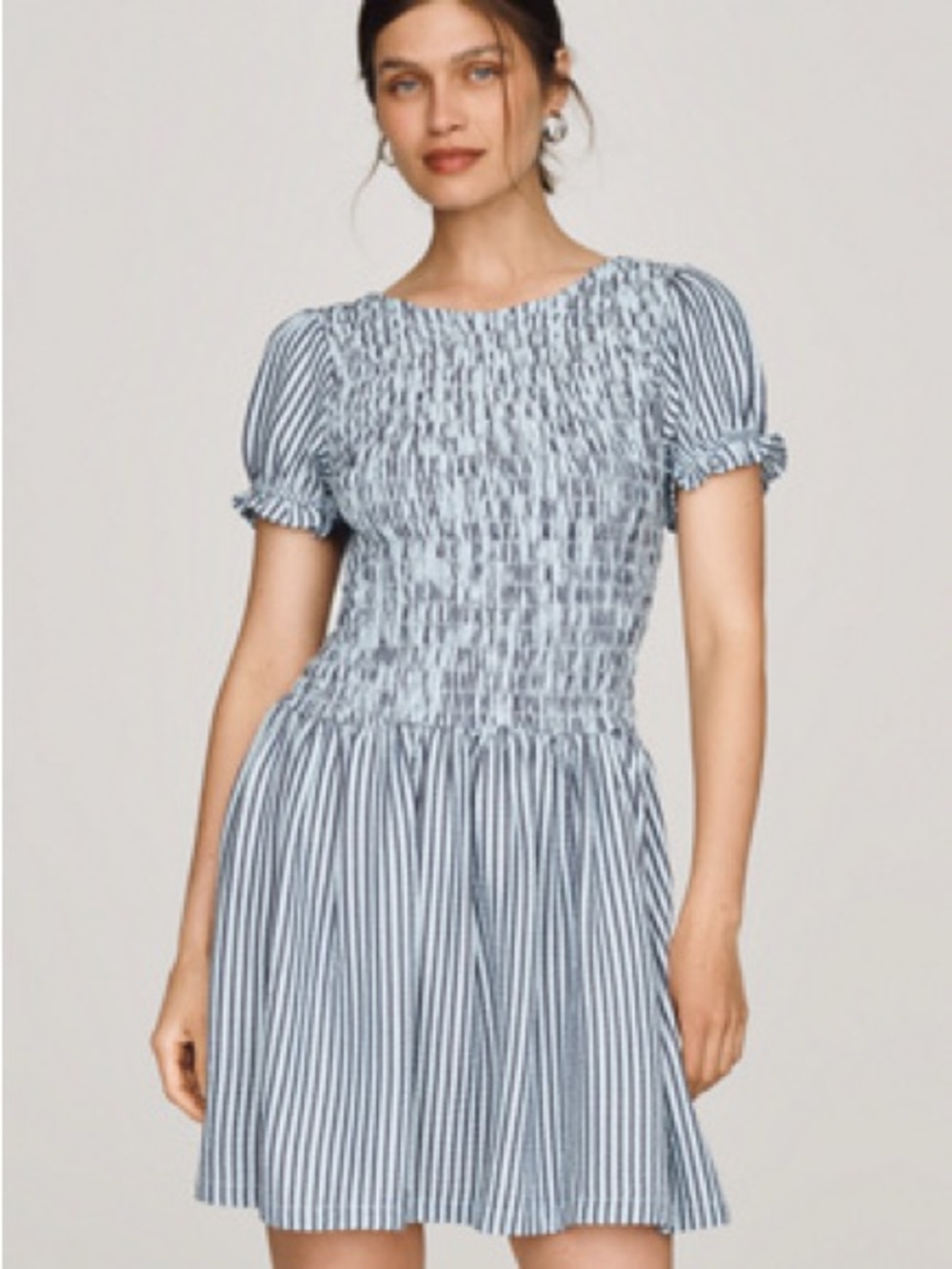 Maeve Blue and White Striped Smocked Mini Dress